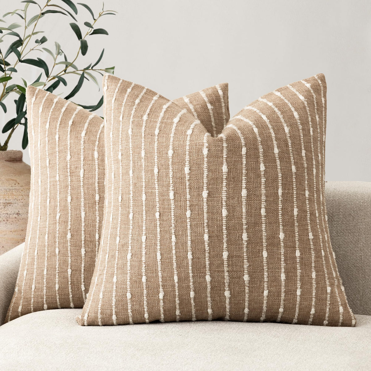 Foindtower boucle pillow cover with stripe texture adds depth to camel decor.