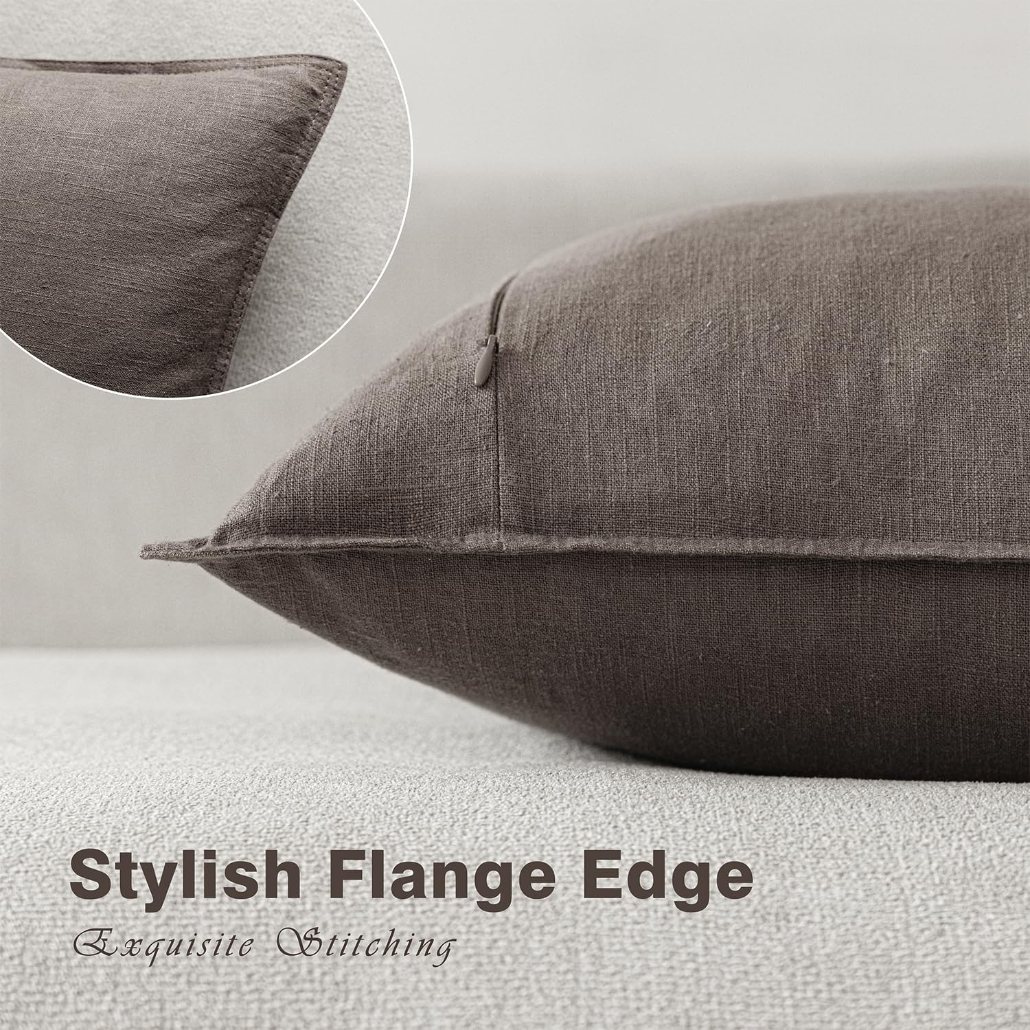 Foindtower flange edge detail on linen cover illustrates durable stitching.
