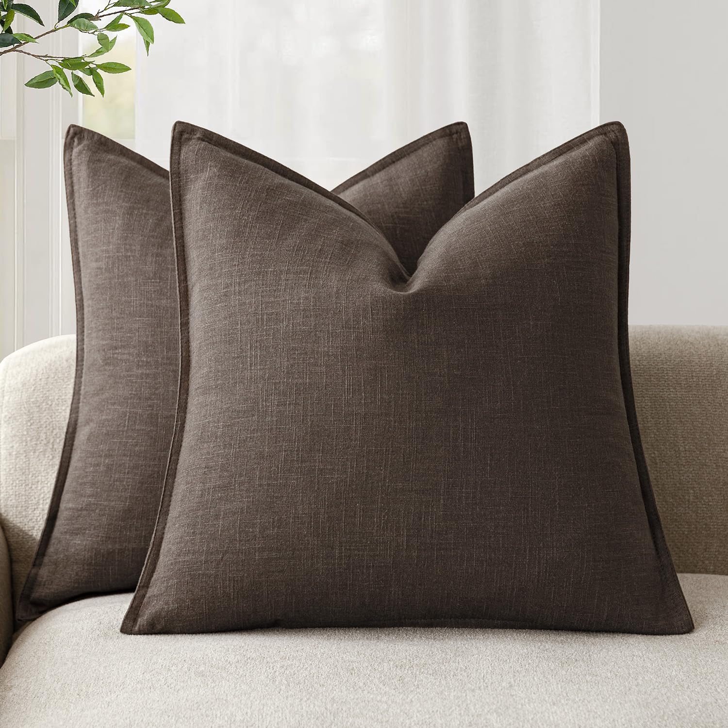 Foindtower flange-linen pillow-cover 22x22 on sofa adds boho charm.