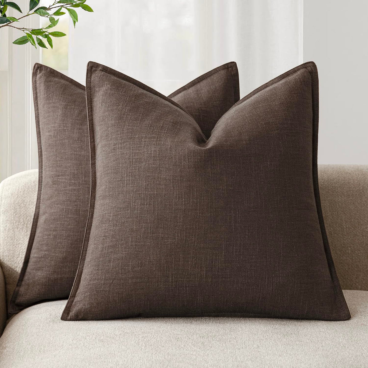 Foindtower flange-linen pillow-cover 22x22 on sofa adds boho charm.