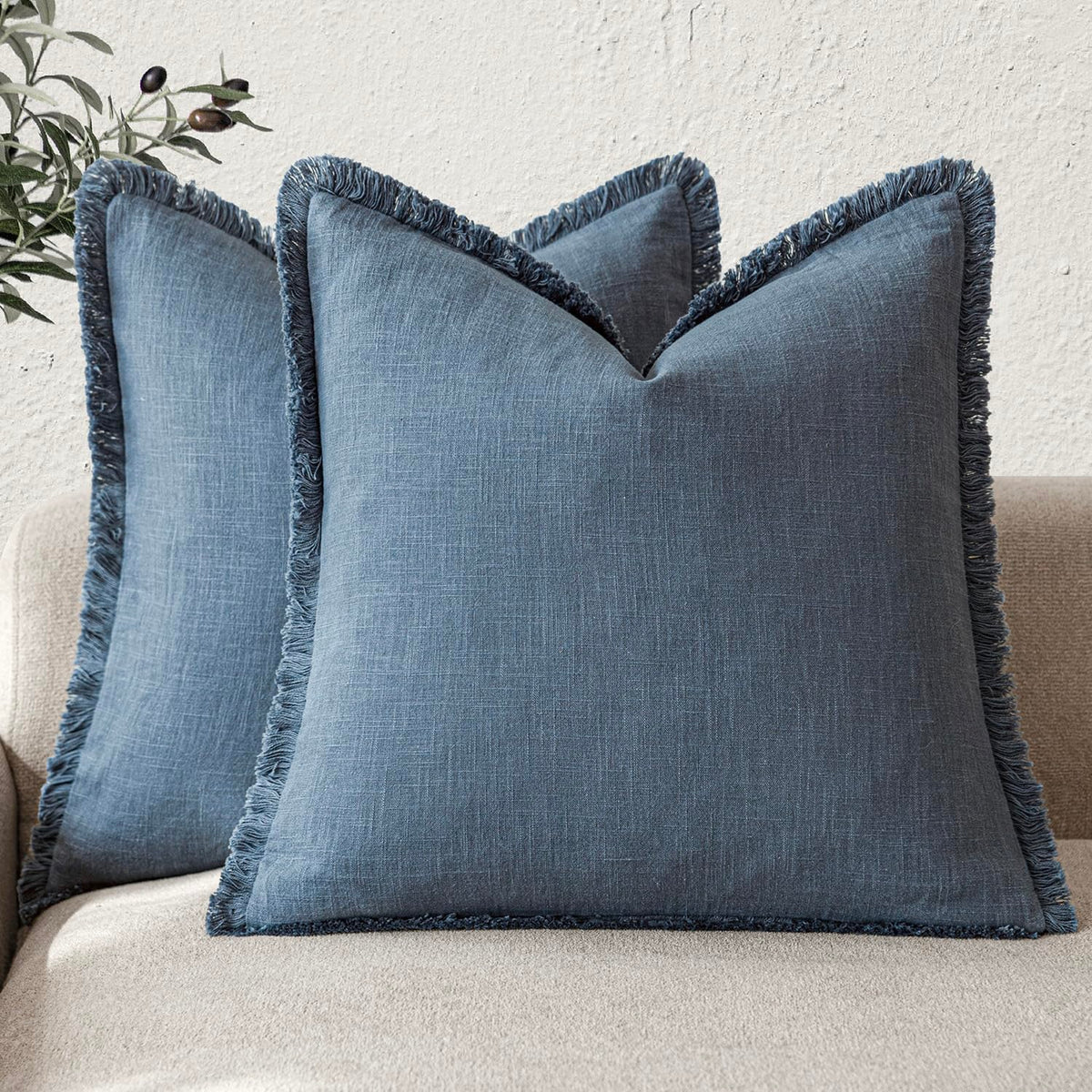 Foindtower fringe pillow cover in dark blue with 18x18 size, ideal for sofa styling