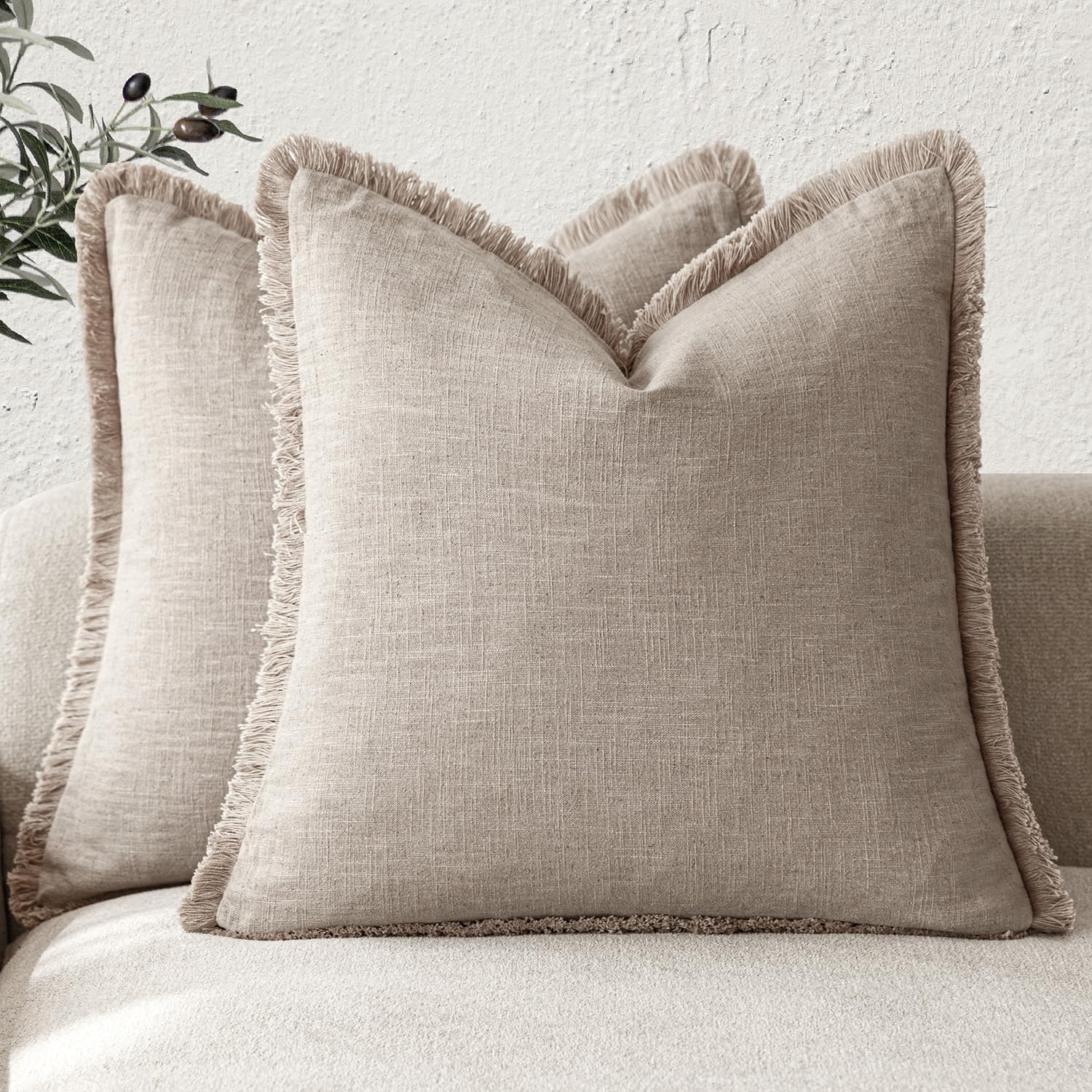 Foindtower fringe pillow cover in natural linen, 20x20, ideal for couches and beds.