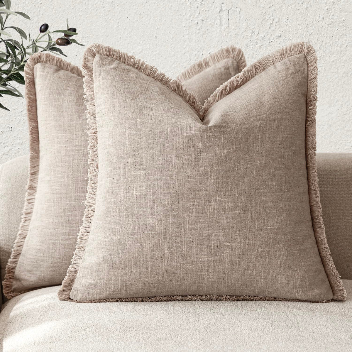 Foindtower fringe pillow cover in natural linen, 20x20, ideal for couches and beds.