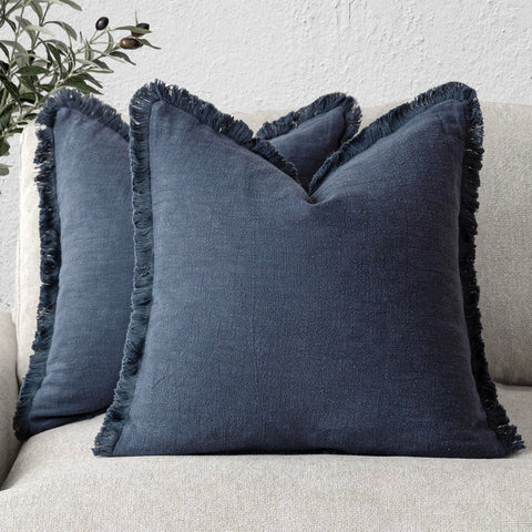 Foindtower fringe pillow cover navy edge closeup showing detailed tassels for stylish living room decor.