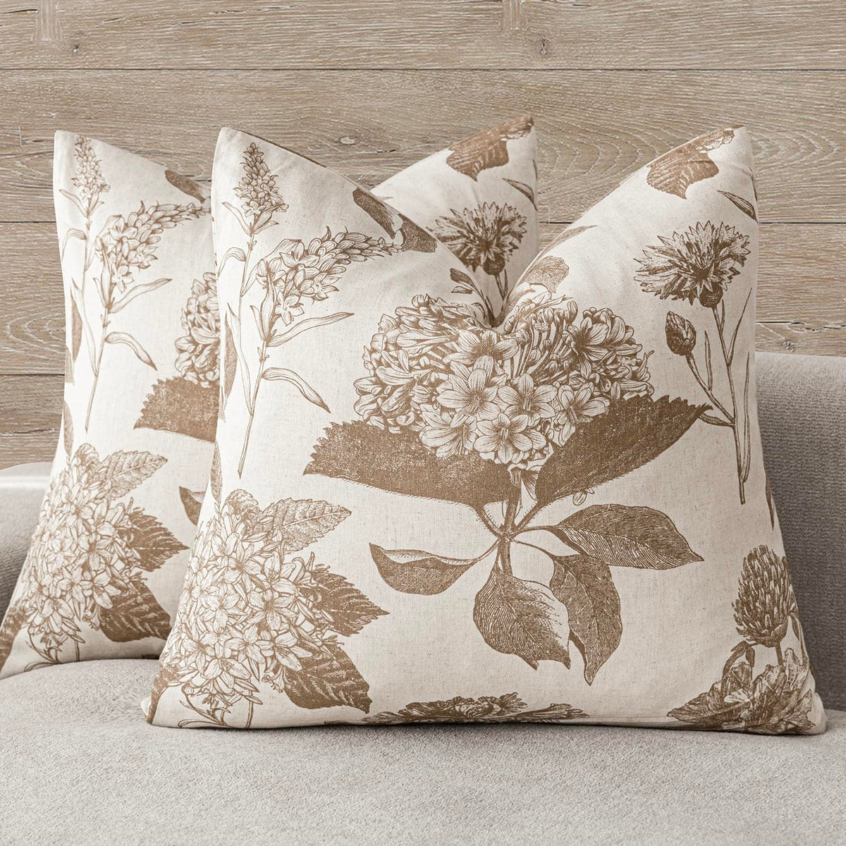 Foindtower linen floral pillow cover in light brown with double-sided vintage print for sofa decor