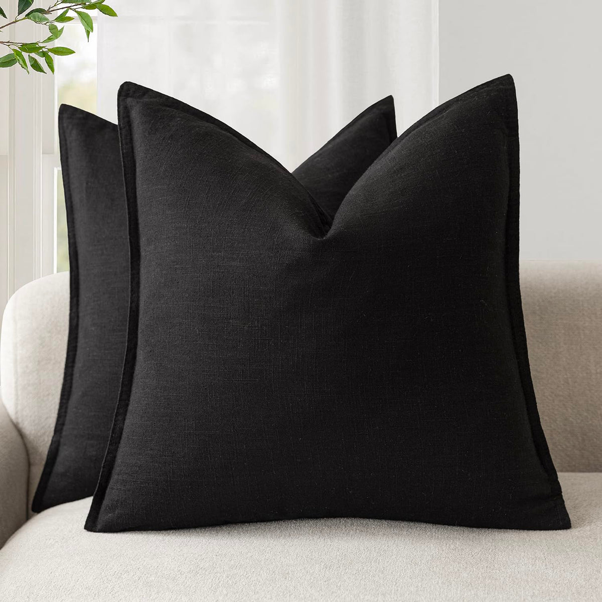 Foindtower pack of 2 black linen pillow covers, 24x24, ideal for sofa decor.