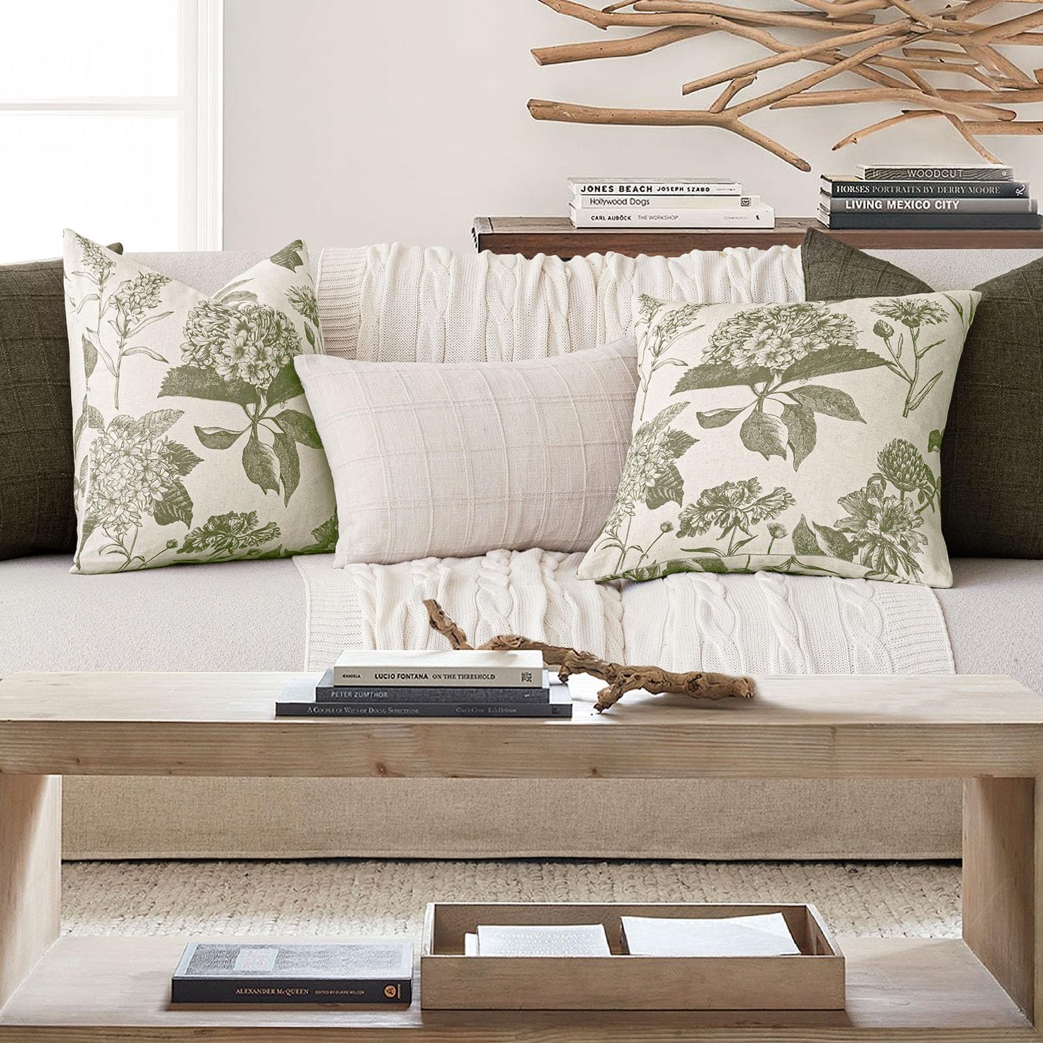 Foindtower sage green floral decor pillow cover enhances farmhouse style.