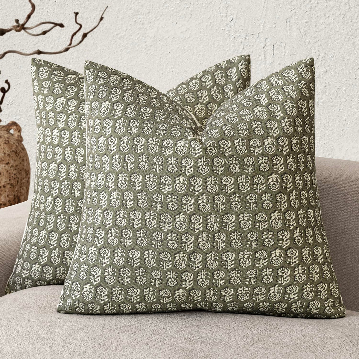 Foindtower sage green vintage floral pillow cover close-up, cozy texture.