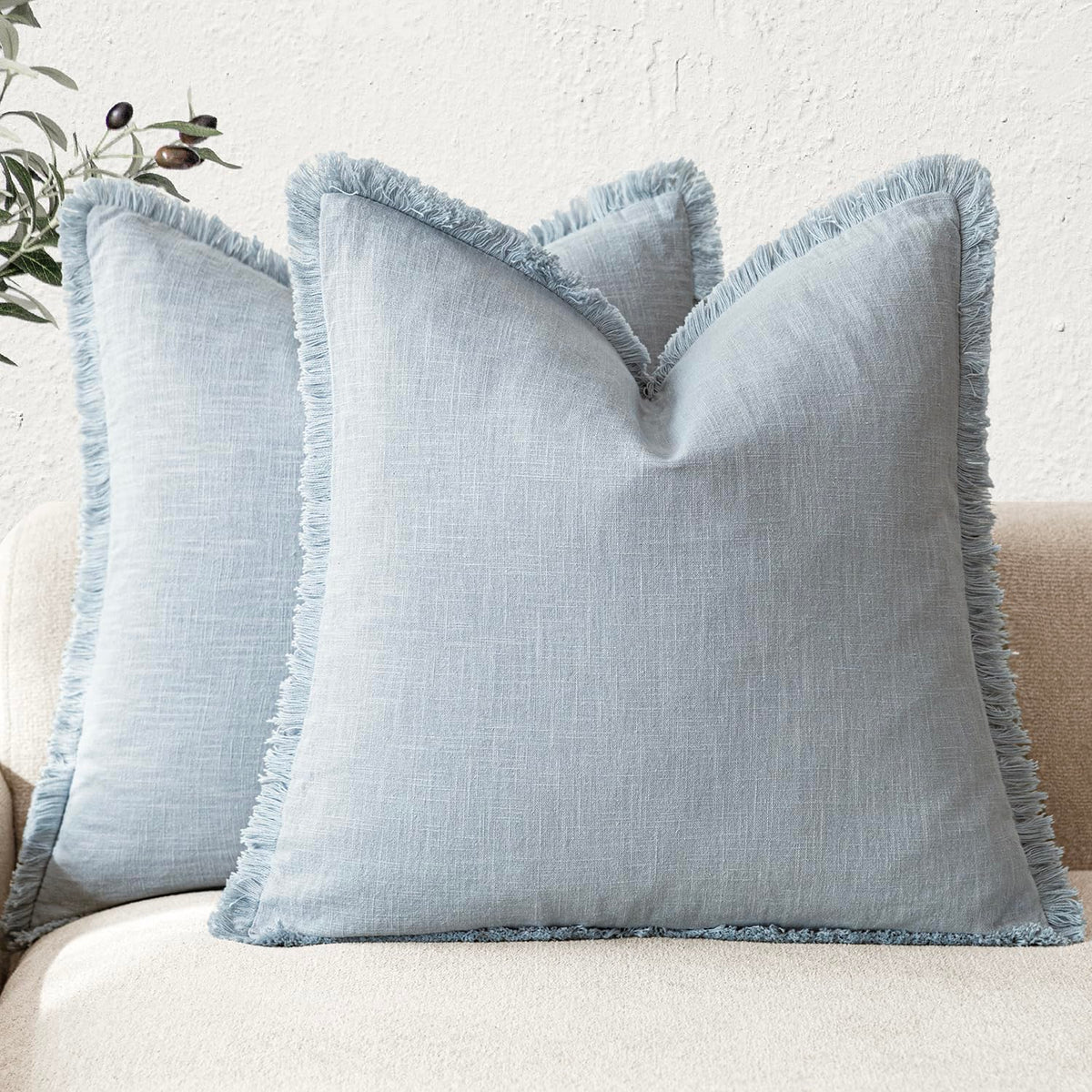 Foindtower sky blue linen fringe pillow cover on sofa for cozy living room vibe