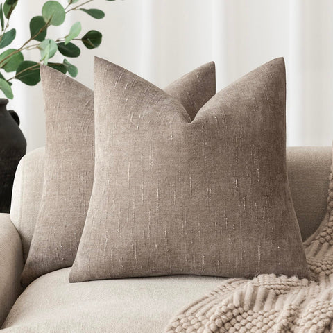 Foindtower soft chenille pillow cover in light taupe adds plush texture to living room.