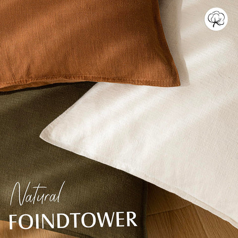 Foindtower square pillow cover on bed blends with neutral palette