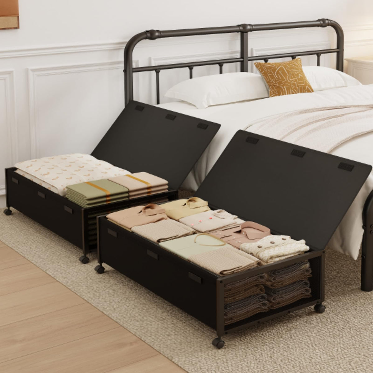 Fokyfok under-bed storage with roller wheels for easy access to clothes and shoes