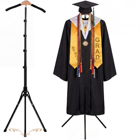 FoldTier 3-in-1 graduation display stand presenting cap and gown for ceremony and photos.