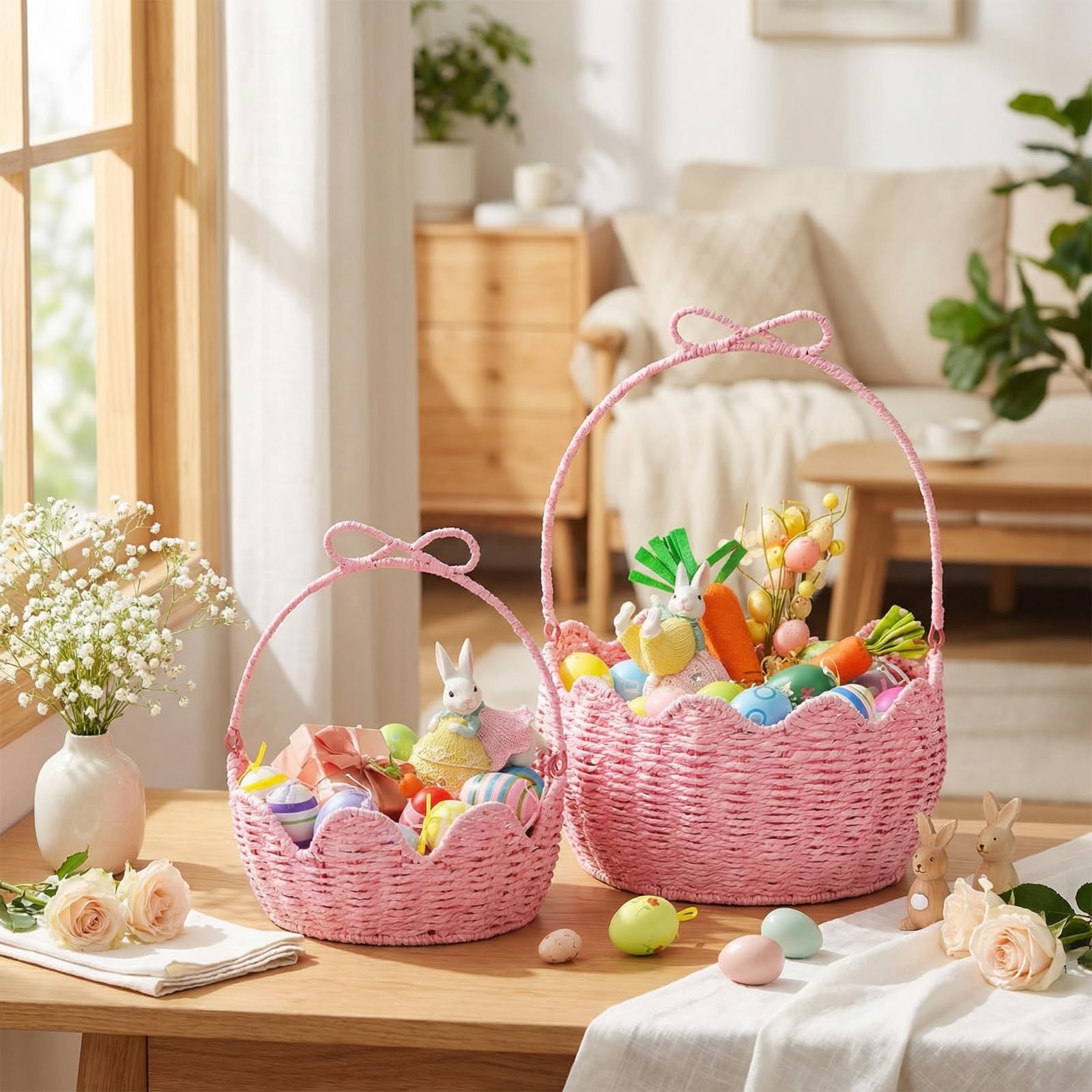 FoldTier pink Easter basket with handles up for easy carrying.