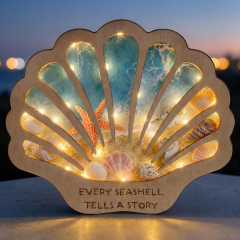 FoldTier Seashell Display Case front view with lights, ideal for coastal display.
