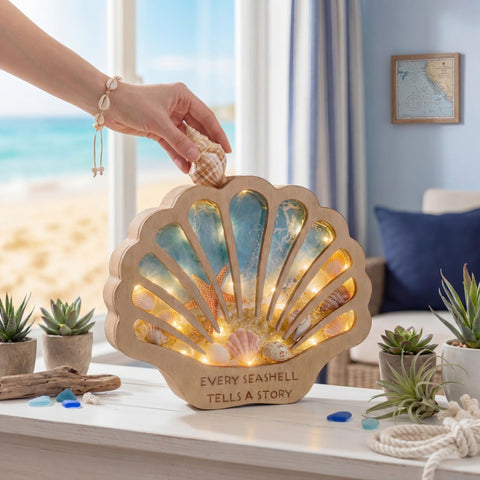 FoldTier Seashell Display Case interior showcasing 9.1x7.9 inch space for keepsakes.