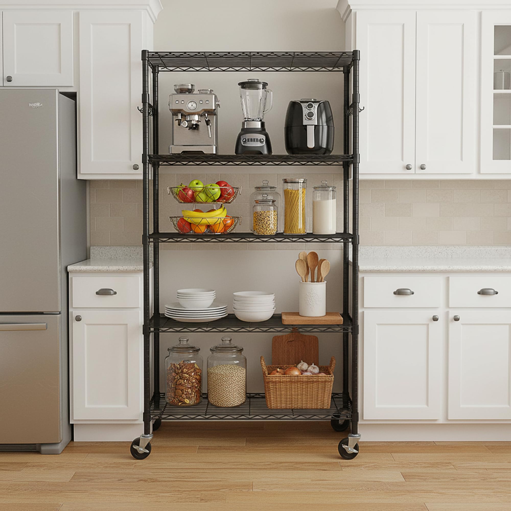 Folews rolling shelving unit moves quietly for flexible room layouts.