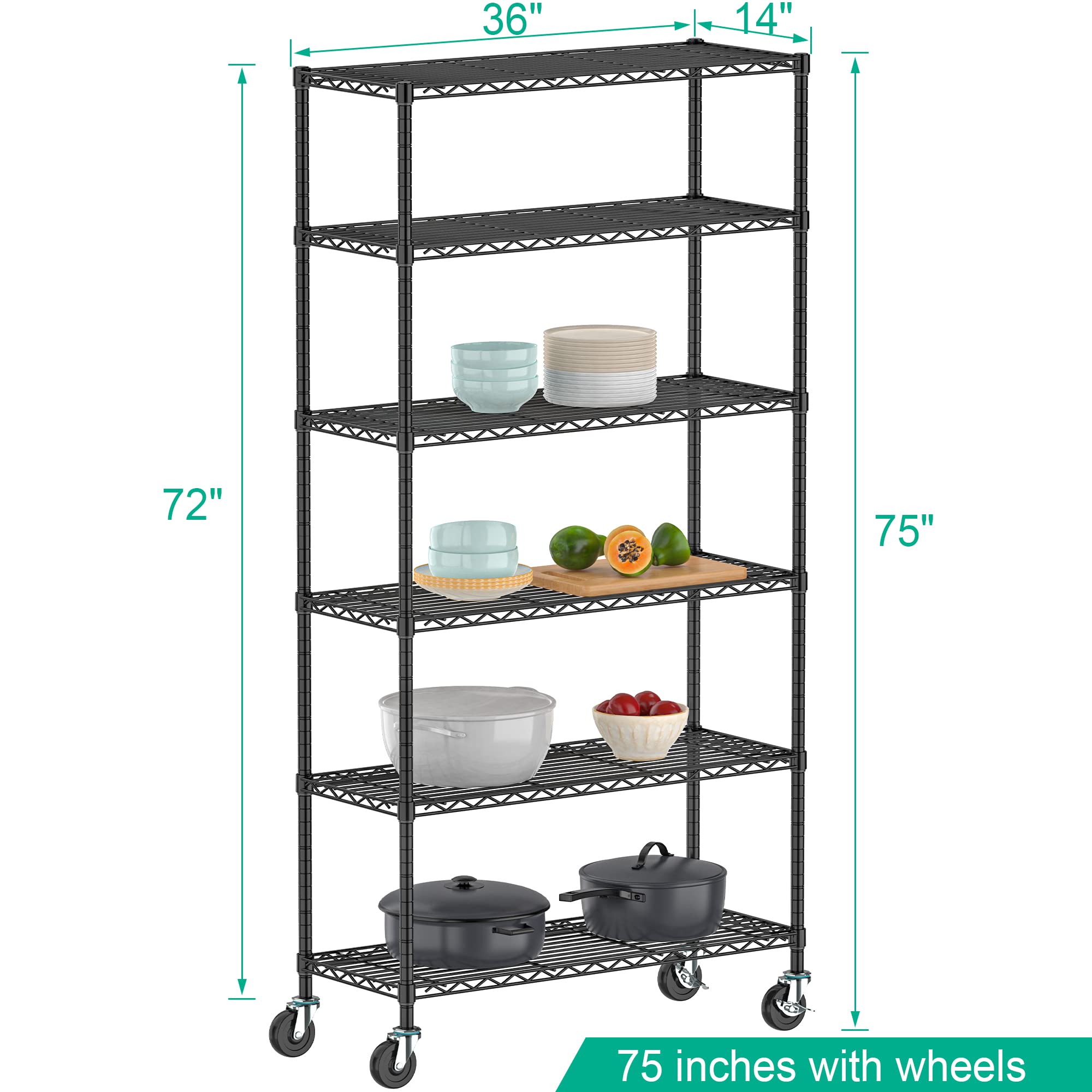 Adjustable shelves on the Folews rack accommodate tall bottles and stacked bins.