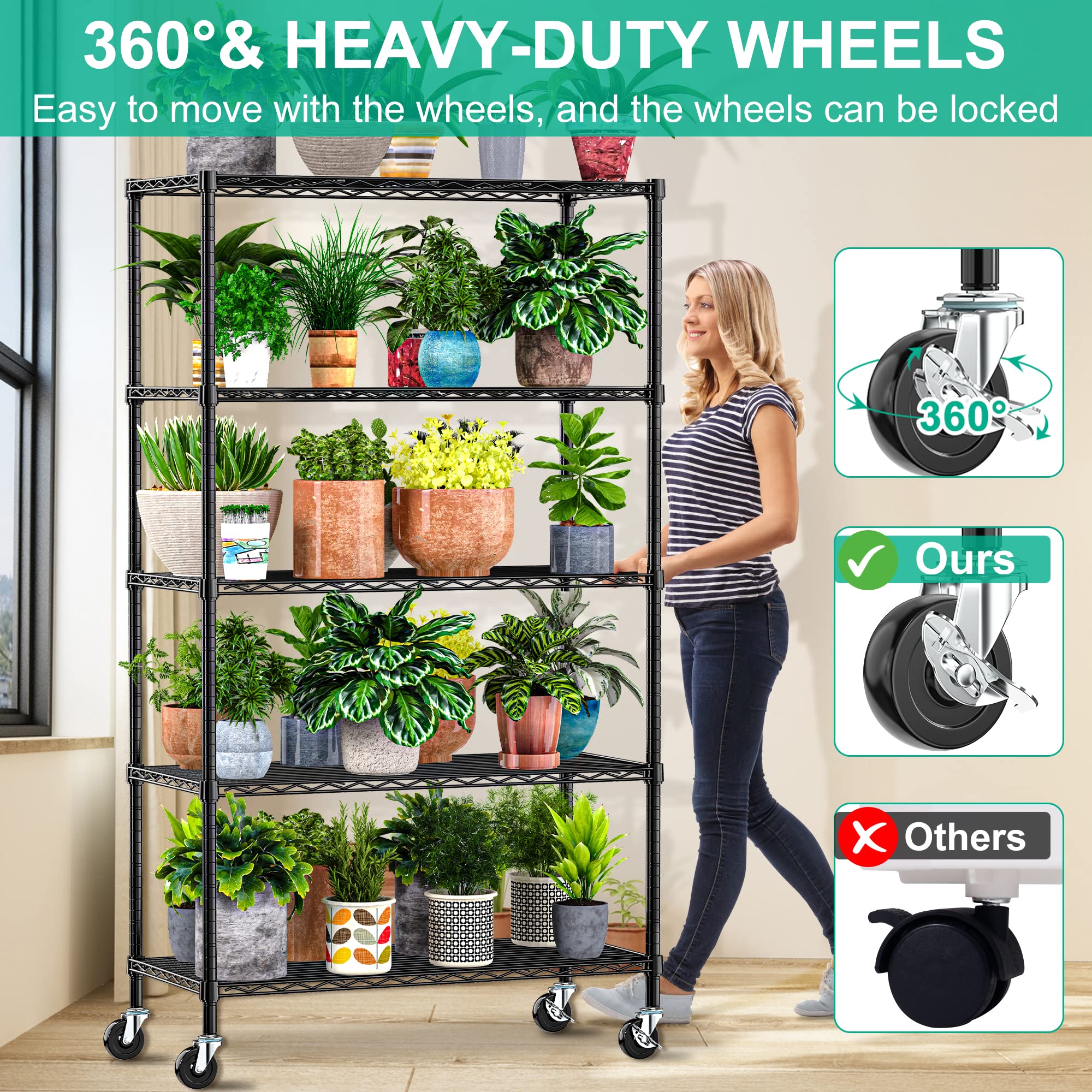 Folews shelves with locking wheels prevent unwanted movement.