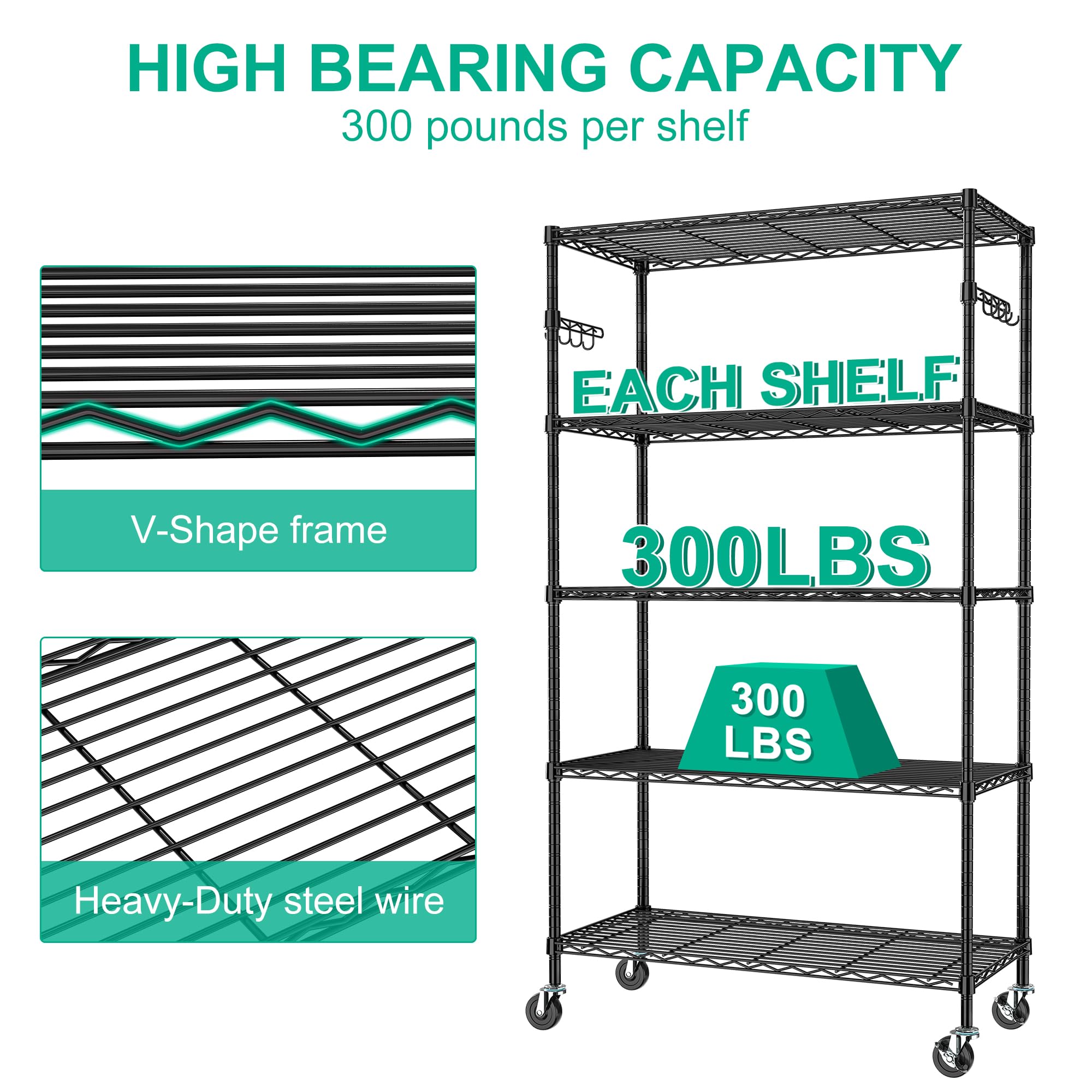 Folews wire shelving in black finish is sturdy and durable.