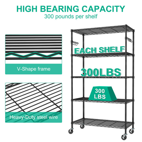 Folews wire shelving in black finish is sturdy and durable.