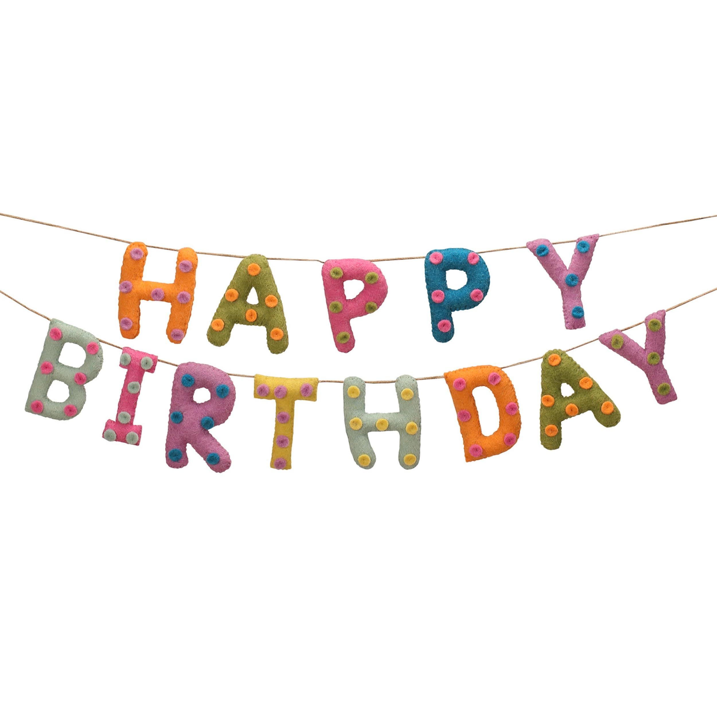 Folkulture Happy Birthday garland with felt letters and pom poms for vibrant wall décor.