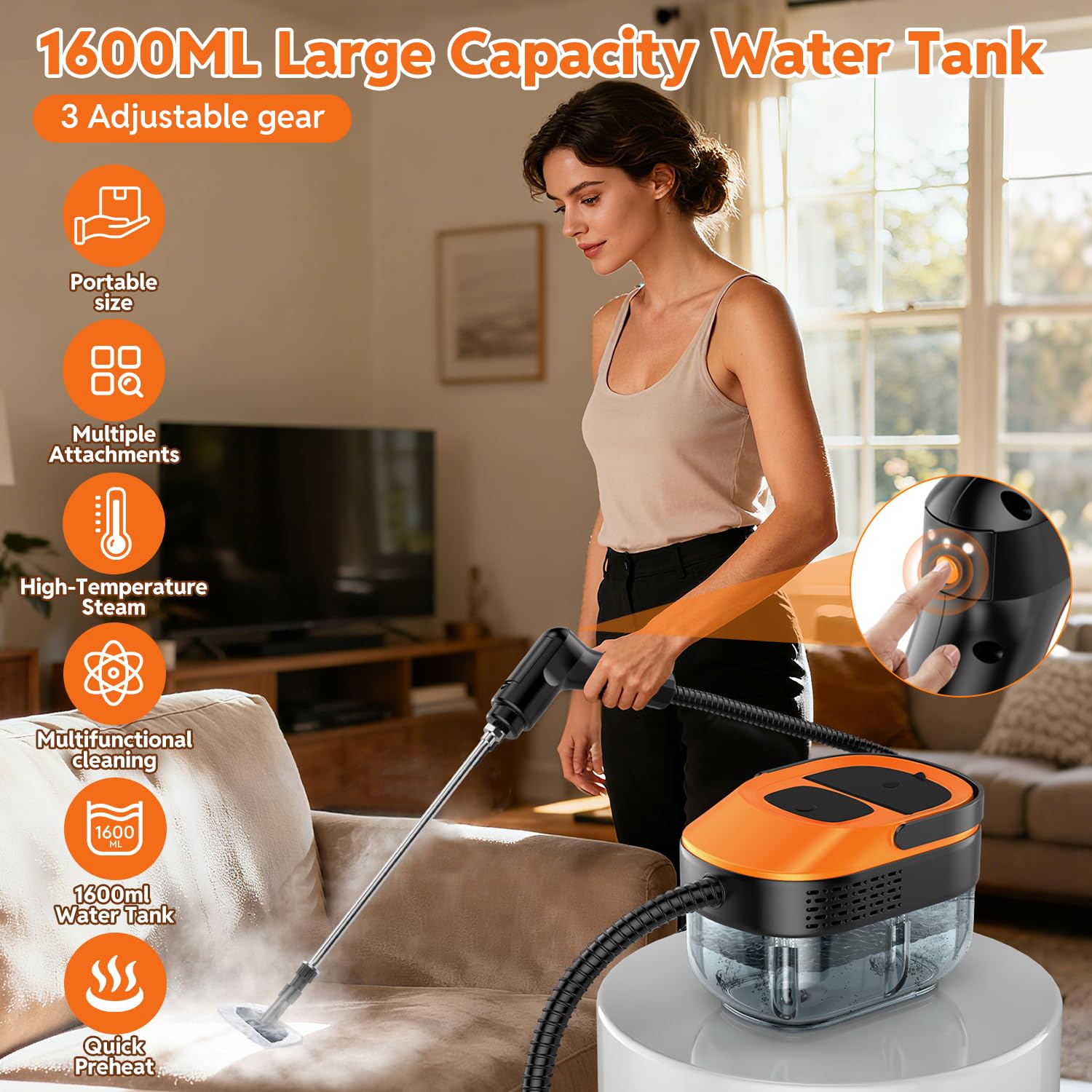 Fololicx steam cleaner with on-handle 3-level steam control for delicate to tough jobs.