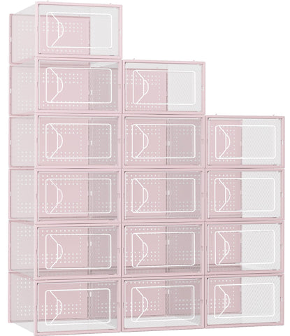 Foluck 15-pack shoe storage boxes neatly organized in a closet for easy access.