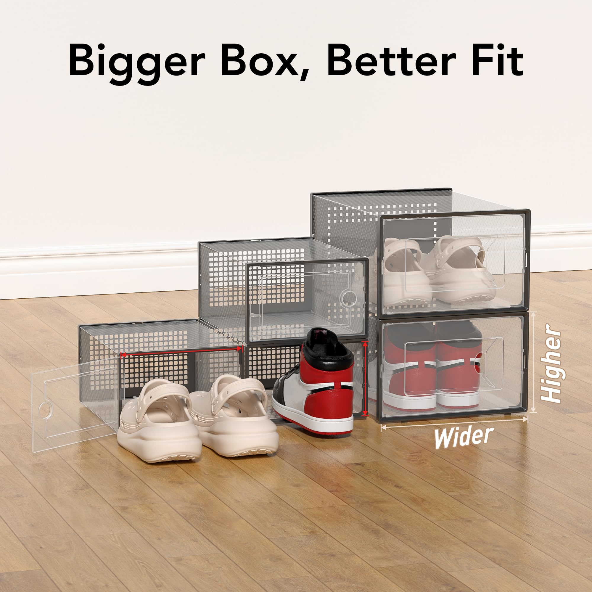 Foluck clear-front shoe box highlights quick visibility and easy access to sneakers.