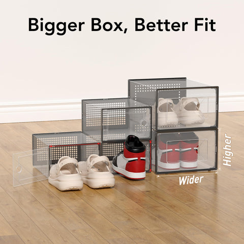 Foluck clear-front shoe box highlights quick visibility and easy access to sneakers.
