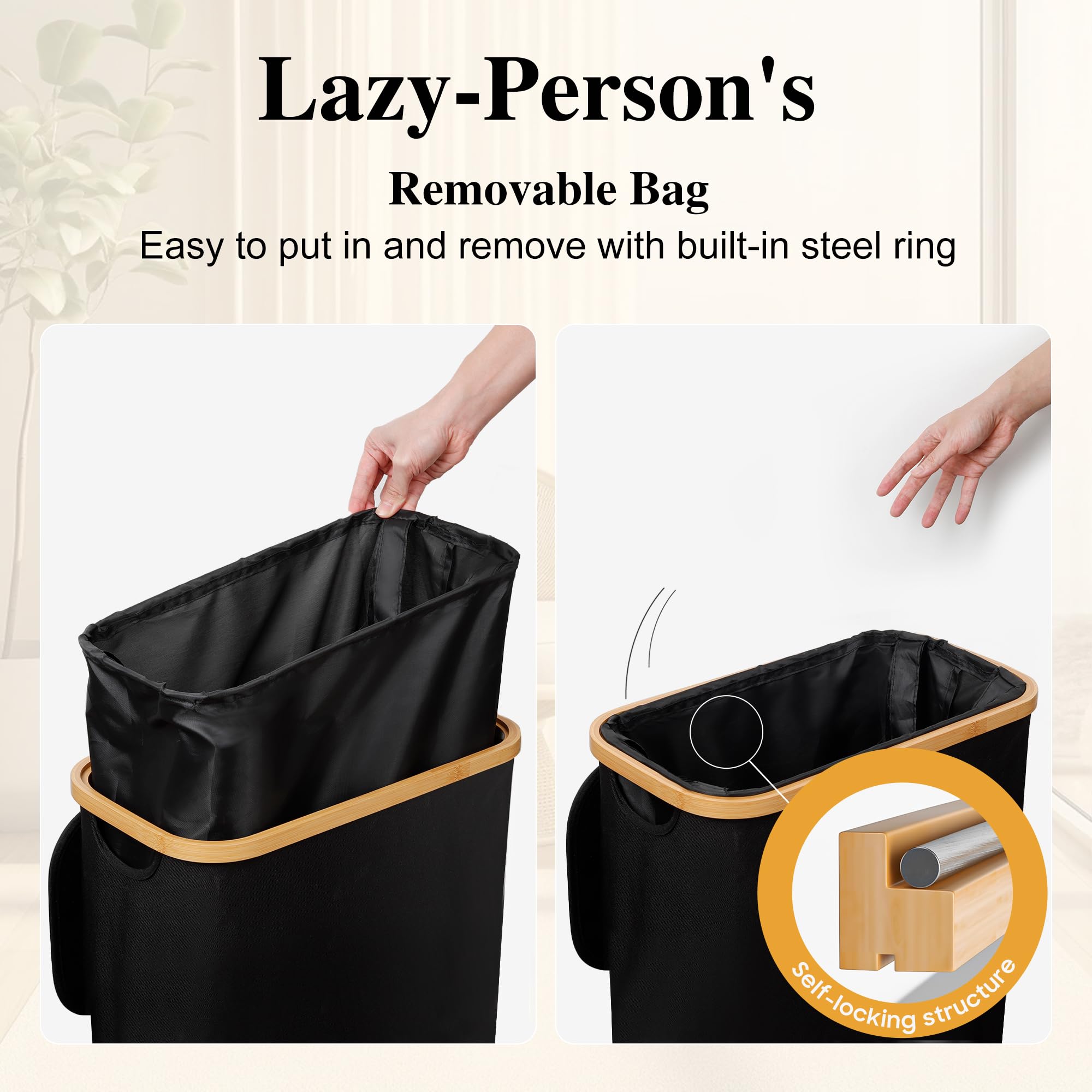 Foluck bamboo-handled hamper offers comfortable grip for easy transport.