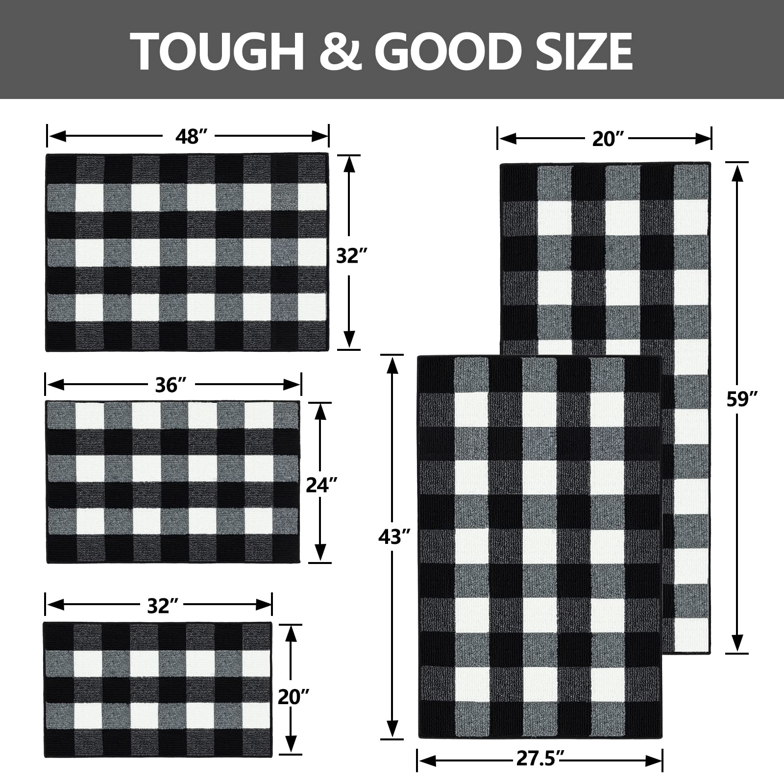 FONEYI buffalo plaid kitchen mat cleans easily and resists everyday wear.