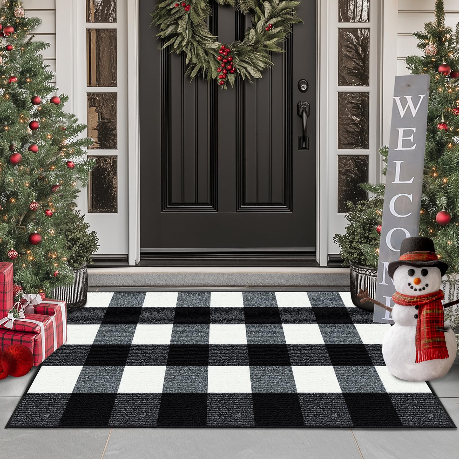 FONEYI buffalo plaid outdoor rug 24x36 absorbs moisture and traps dirt at the entryway.