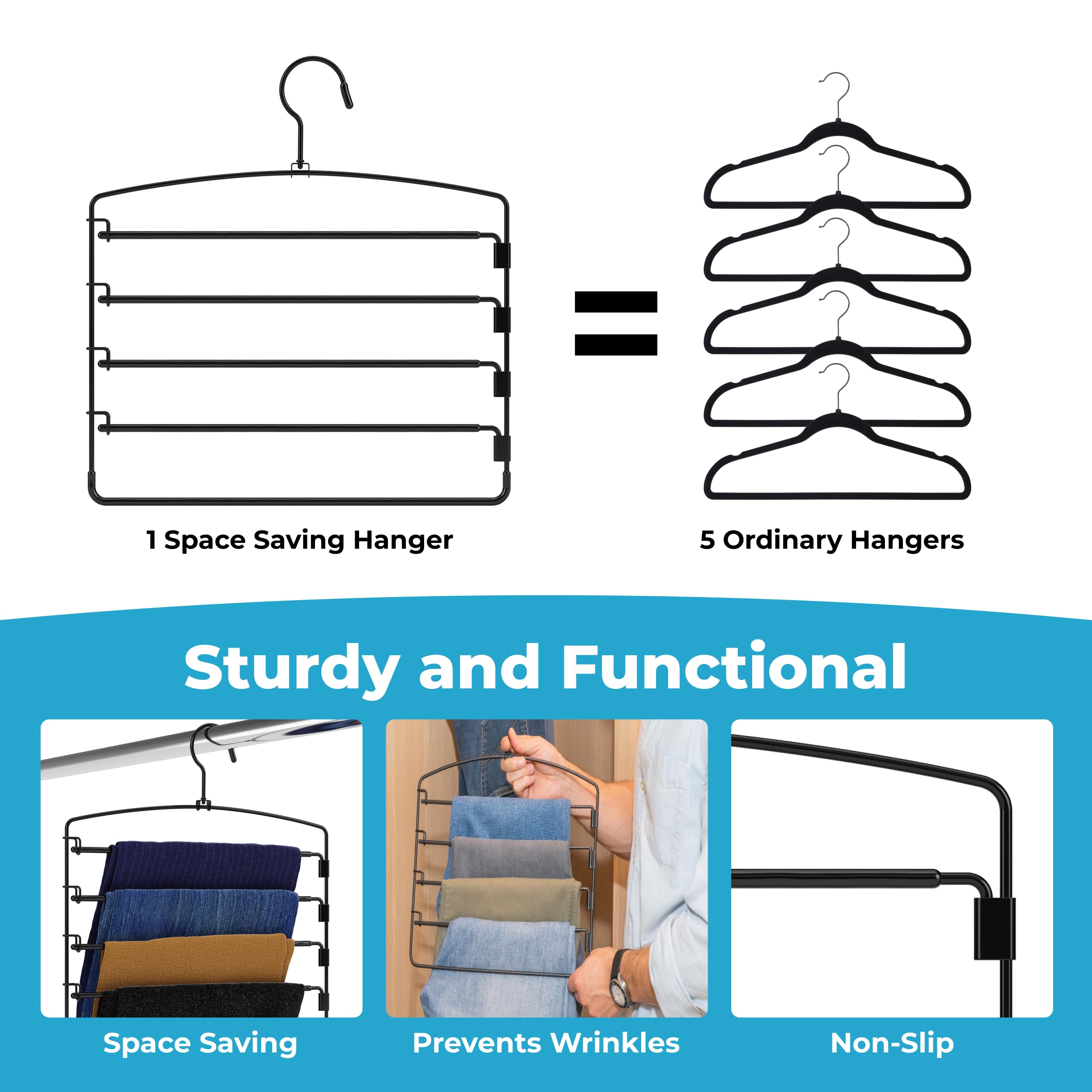 Fontaines Luxury 5 Tier Pants Hangers keeps wardrobe tidy and items easily visible.