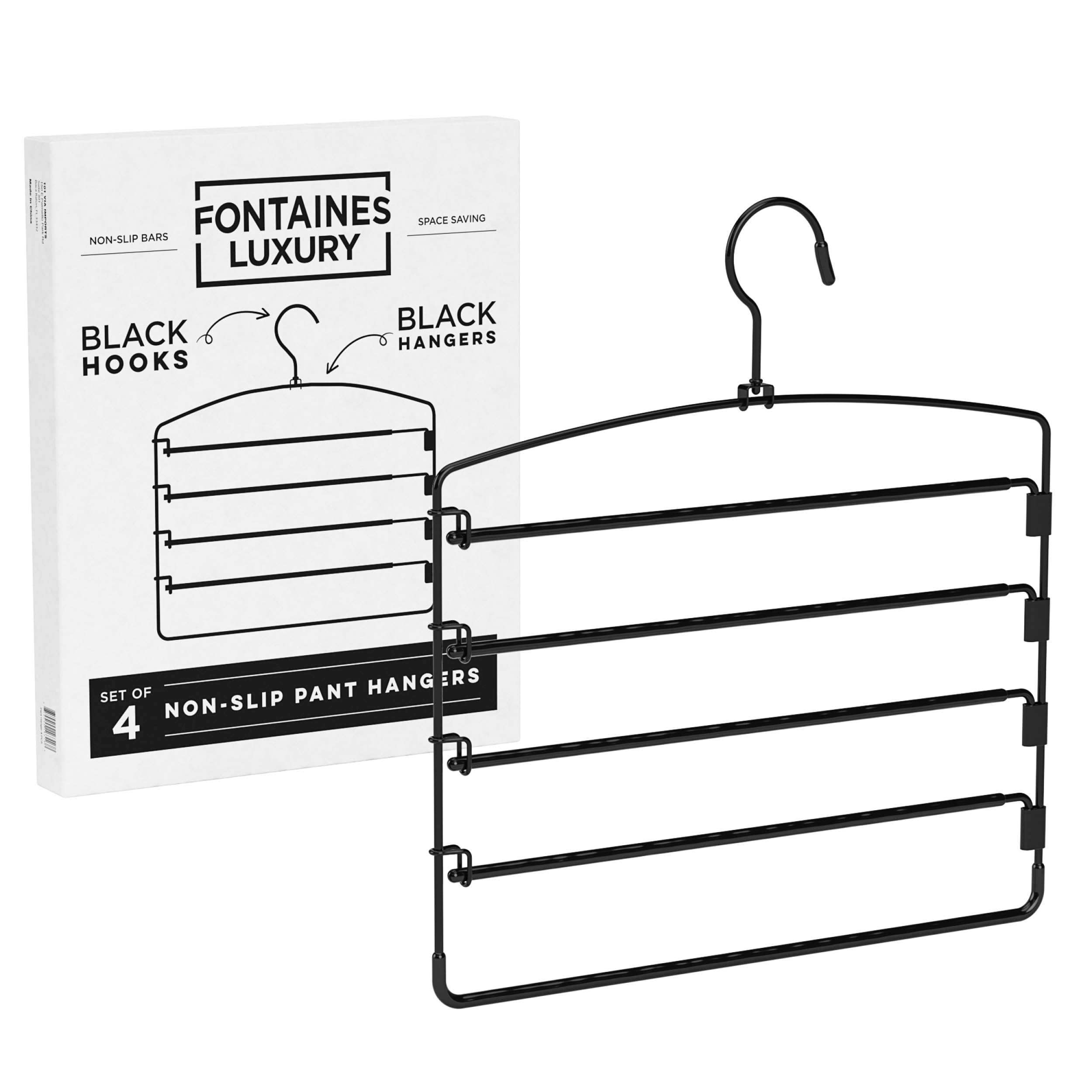 Fontaines Luxury 5 Tier Pants Hangers with swivel hook shows easy access to garments.