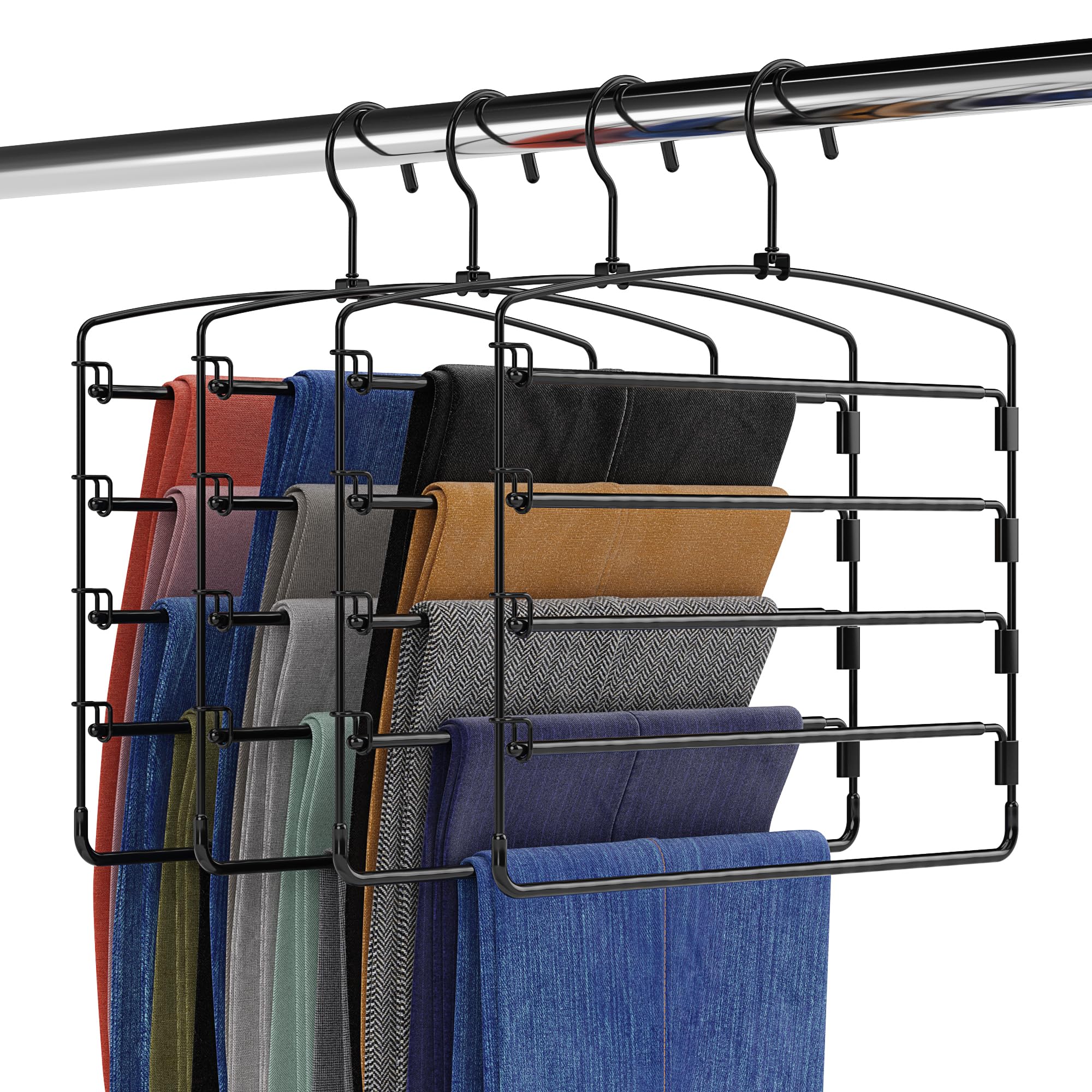 Fontaines Luxury 5 Tier Pants Hangers ultra-slim pack four demonstrates space-saving closet organization.