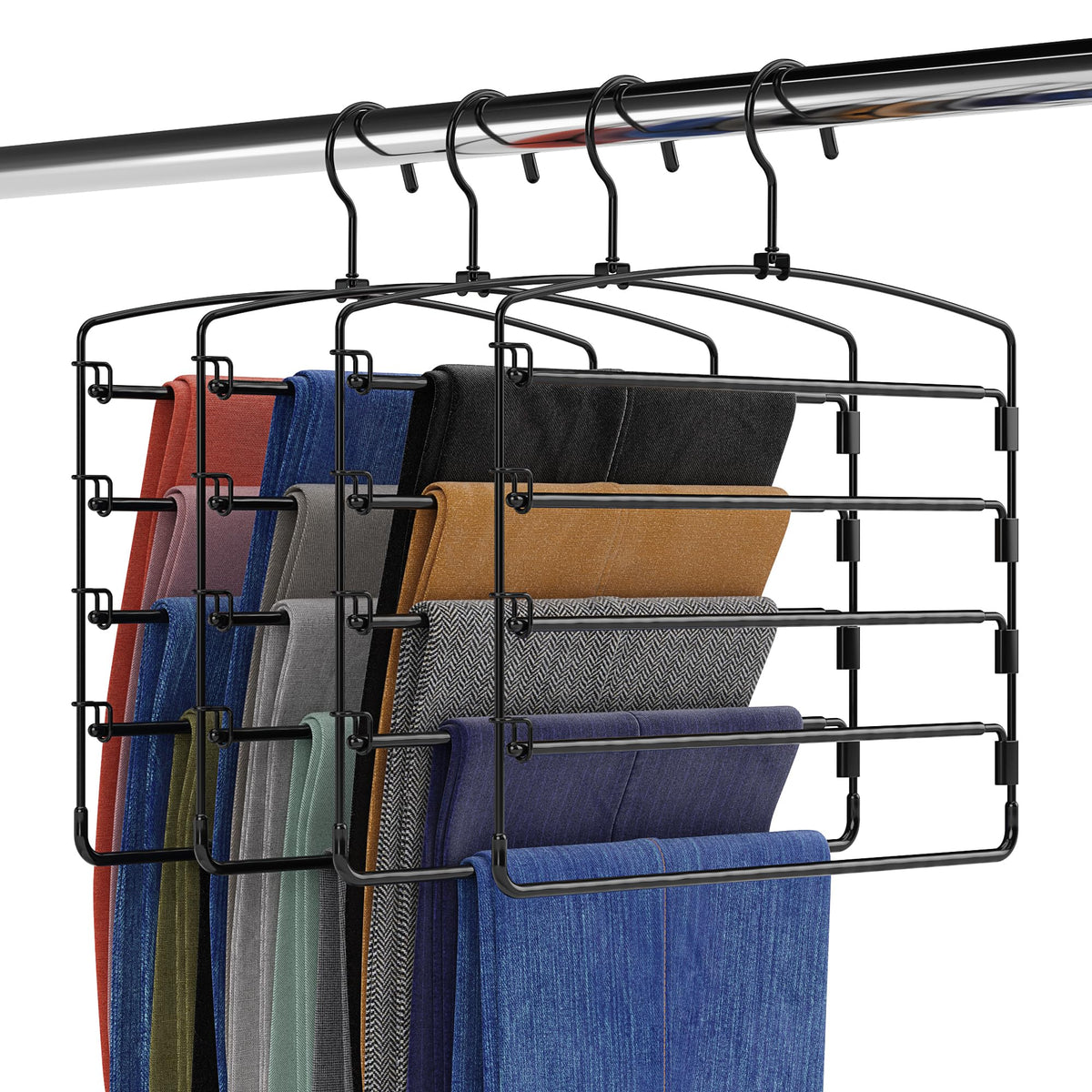 Fontaines Luxury 5 Tier Pants Hangers ultra-slim pack four demonstrates space-saving closet organization.