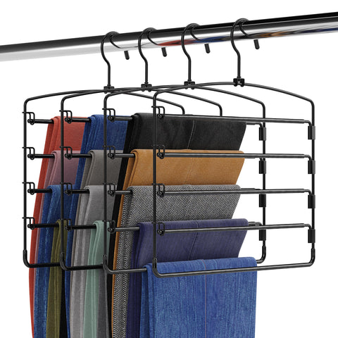 Fontaines Luxury 5 Tier Pants Hangers ultra-slim pack four demonstrates space-saving closet organization.
