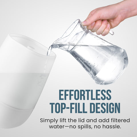 Fontaines Luxury Humidifier 360° mist disperses evenly in living room.