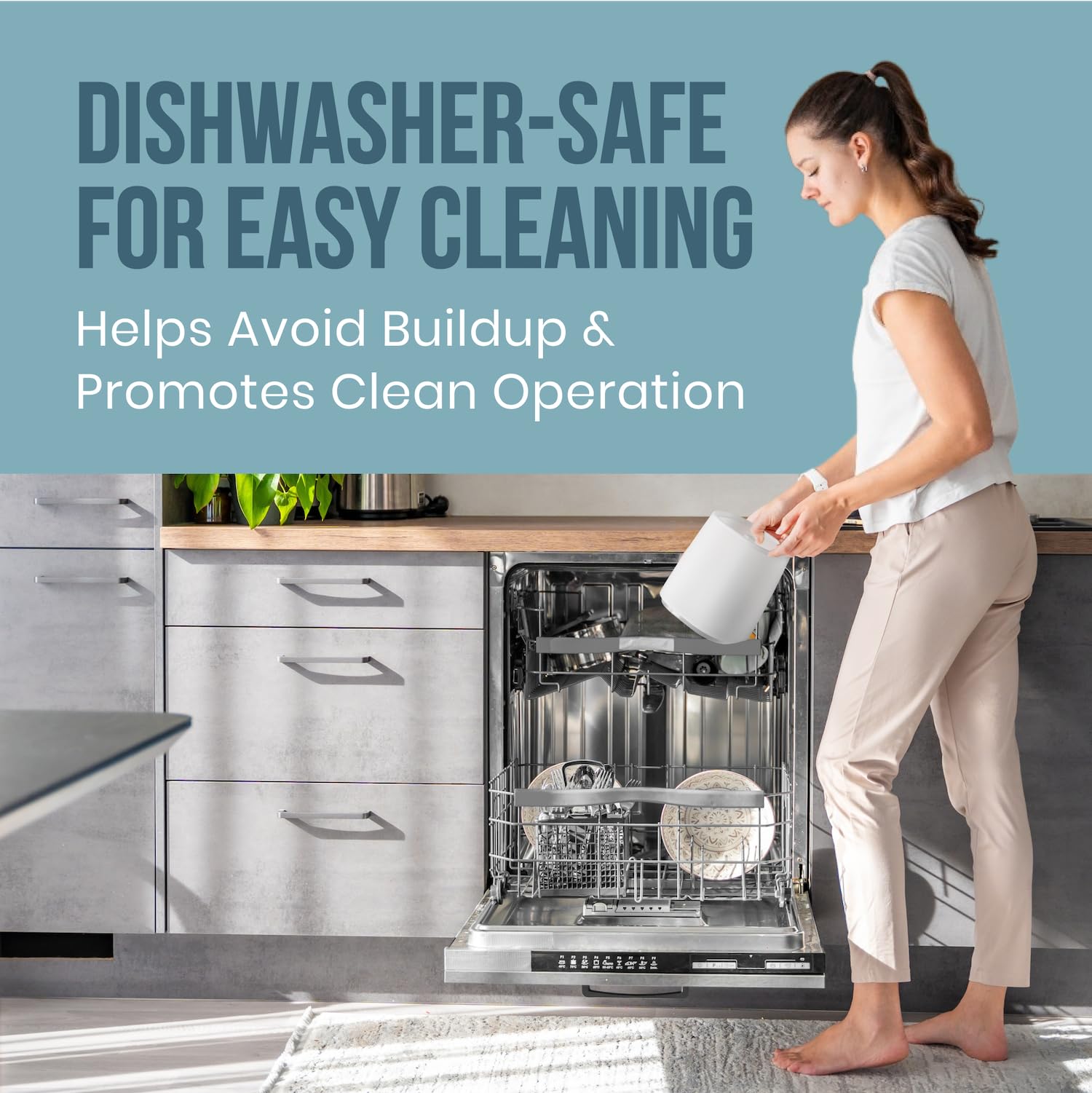 Fontaines Luxury Humidifier dishwasher-safe tank shown for simple maintenance.