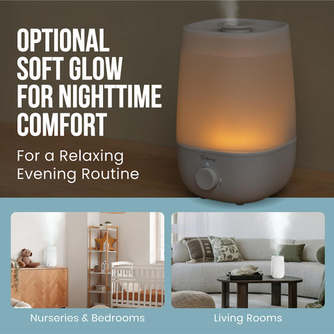 Fontaines Luxury Humidifier nightlight glows softly beside baby's crib.