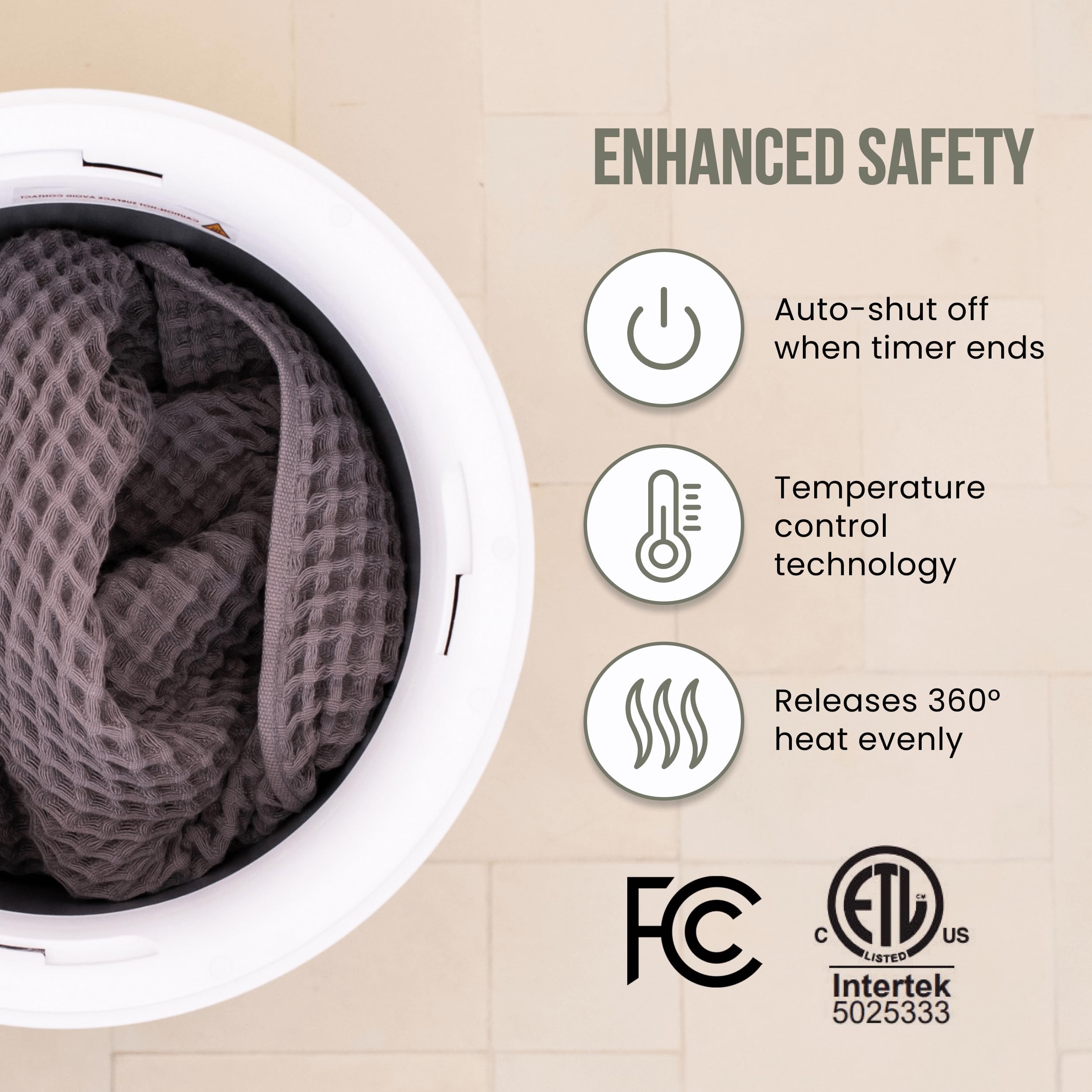Fontaines towel warmer auto shut off ensures safe operation after set minutes.