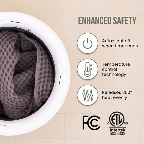 Fontaines towel warmer auto shut off ensures safe operation after set minutes.