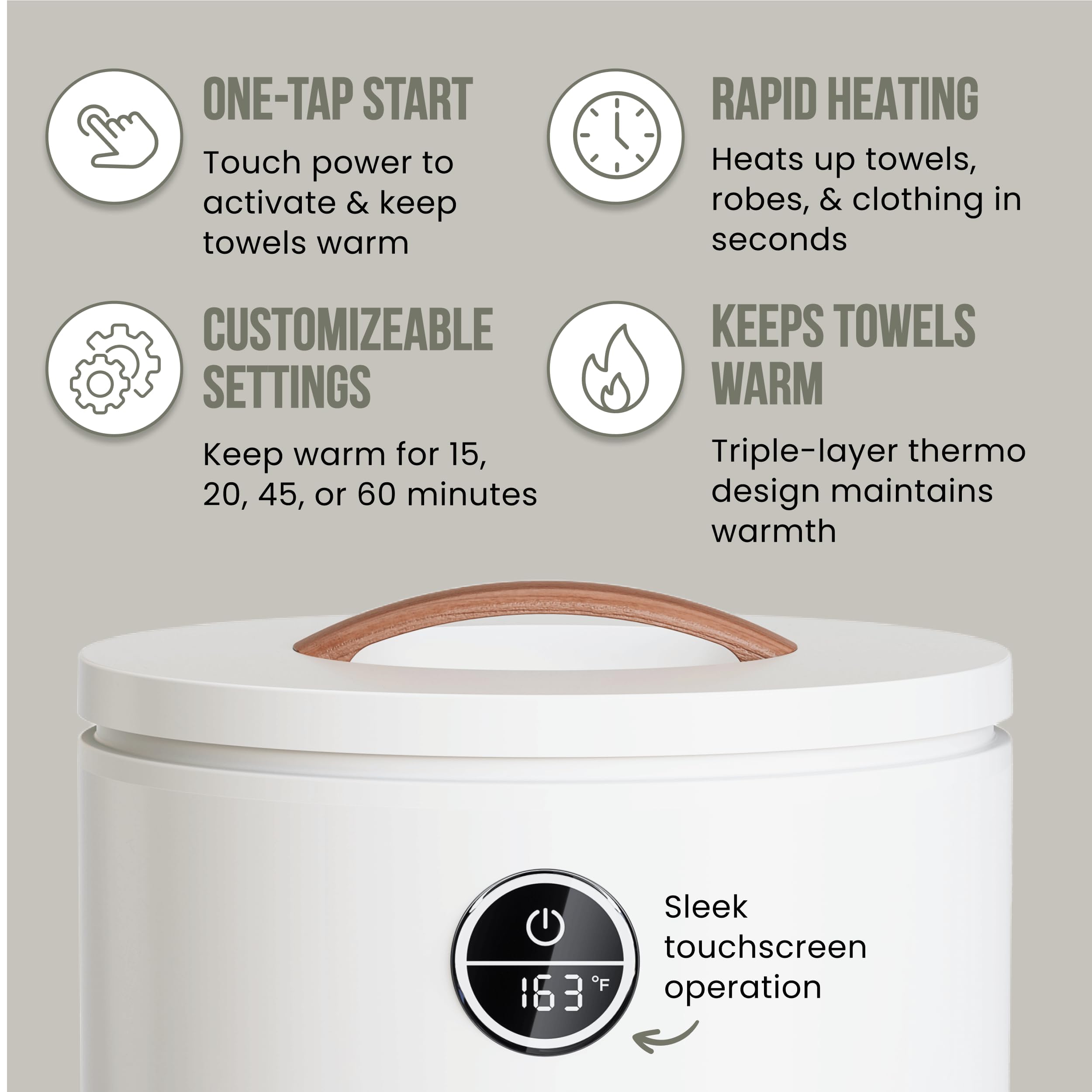Fontaines luxury towel warmer thermo bucket design delivers even heat for cozy robes.