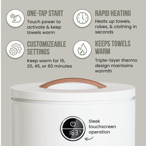 Fontaines luxury towel warmer thermo bucket design delivers even heat for cozy robes.
