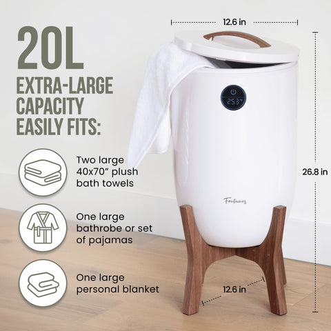Fontaines luxury towel warmer wooden lid adds safe, stylish insulation for easy use.