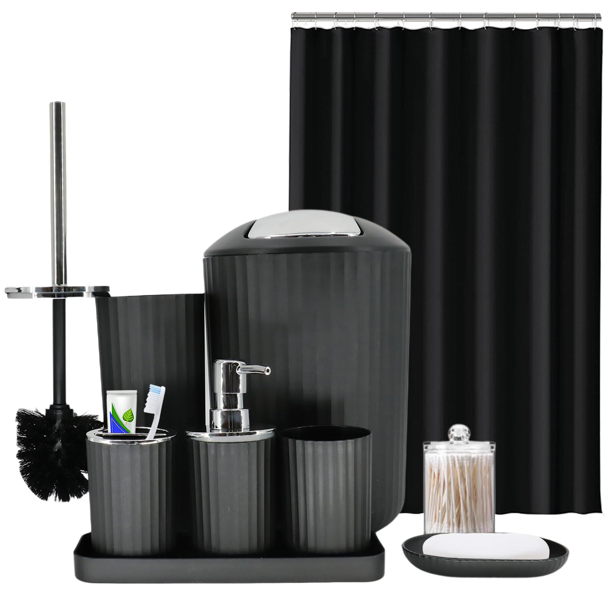 Fooguila black bathroom set shower curtain view, showcasing cohesive styling and moisture resistance