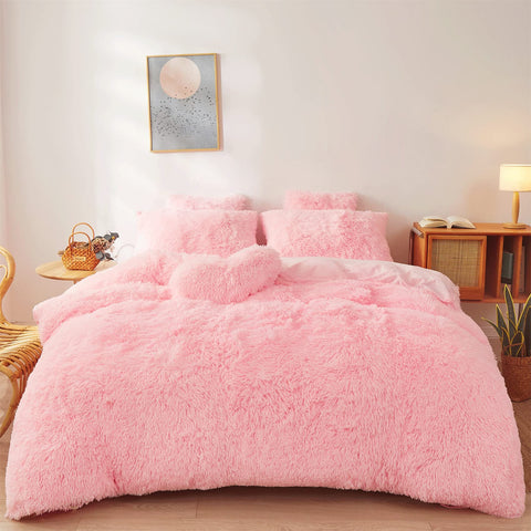 FOPPA fluffy faux fur pink comforter cover, plush front texture for coziness.
