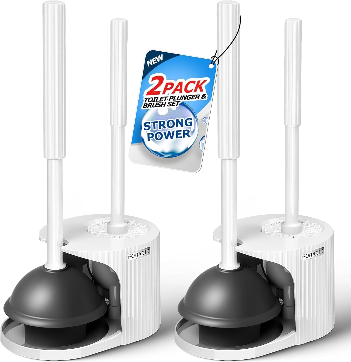FORASTO 2in1 toilet brush and plunger set on stable bracket for space-saving bathroom organization.