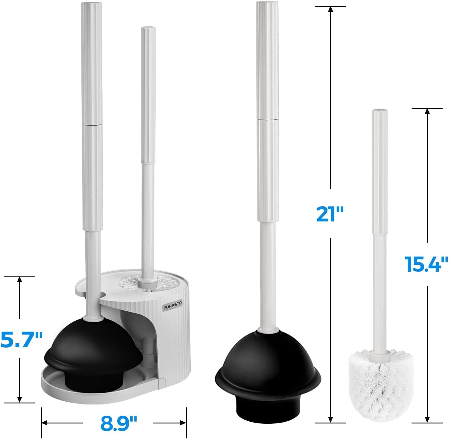 FORASTO bathroom cleaning setup image with plunger and brush in use.
